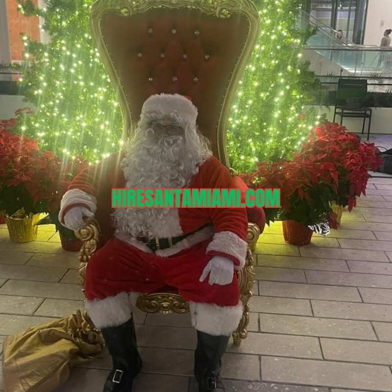 Rent a Santa near me in Miami, Santa beside a lit Christmas tree