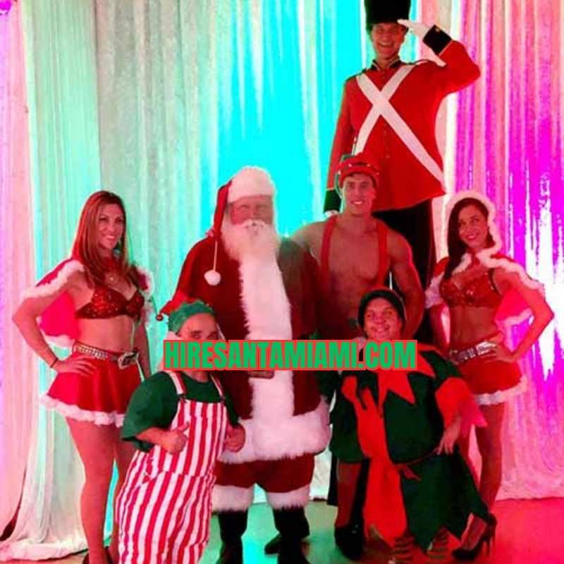 Santa with helpers at a community holiday gathering in a family neighborhood