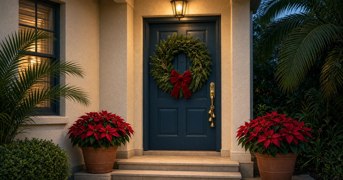 Wreath and red bow on a front door at dusk with poinsettias, jingle bells, and palm fronds