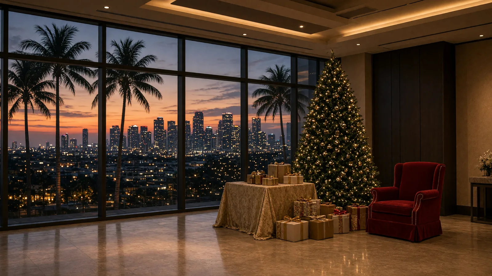 Empty red chair, Christmas tree, and gifts in a high-rise lounge at sunset