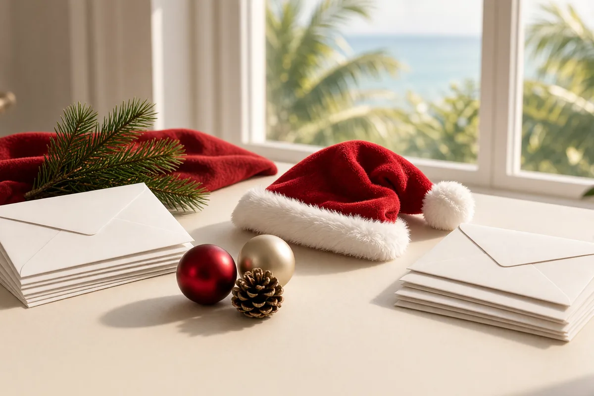 Holiday card styling table with blank envelopes, pine, ornaments, and a red hat in Miami window light