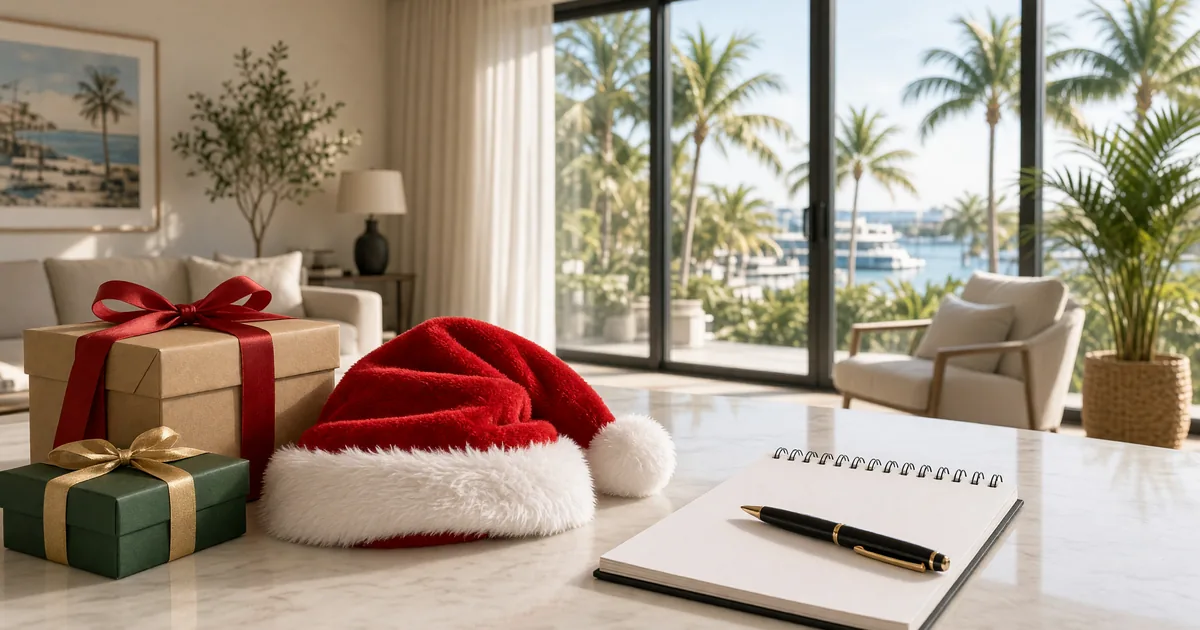 Santa hat, wrapped gifts, and a blank notepad on a table in a Miami living room with palms outside