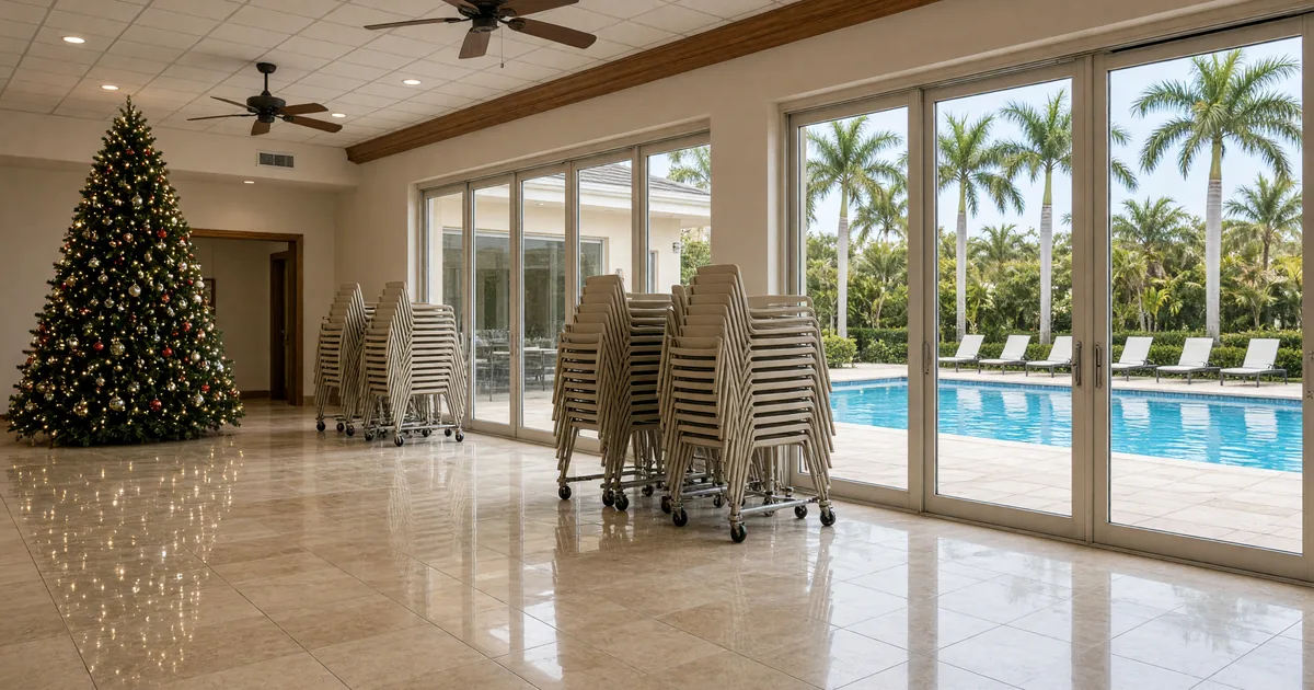 Empty Miami-Dade HOA clubhouse with a Christmas tree, stacked chairs, and sliders to a pool