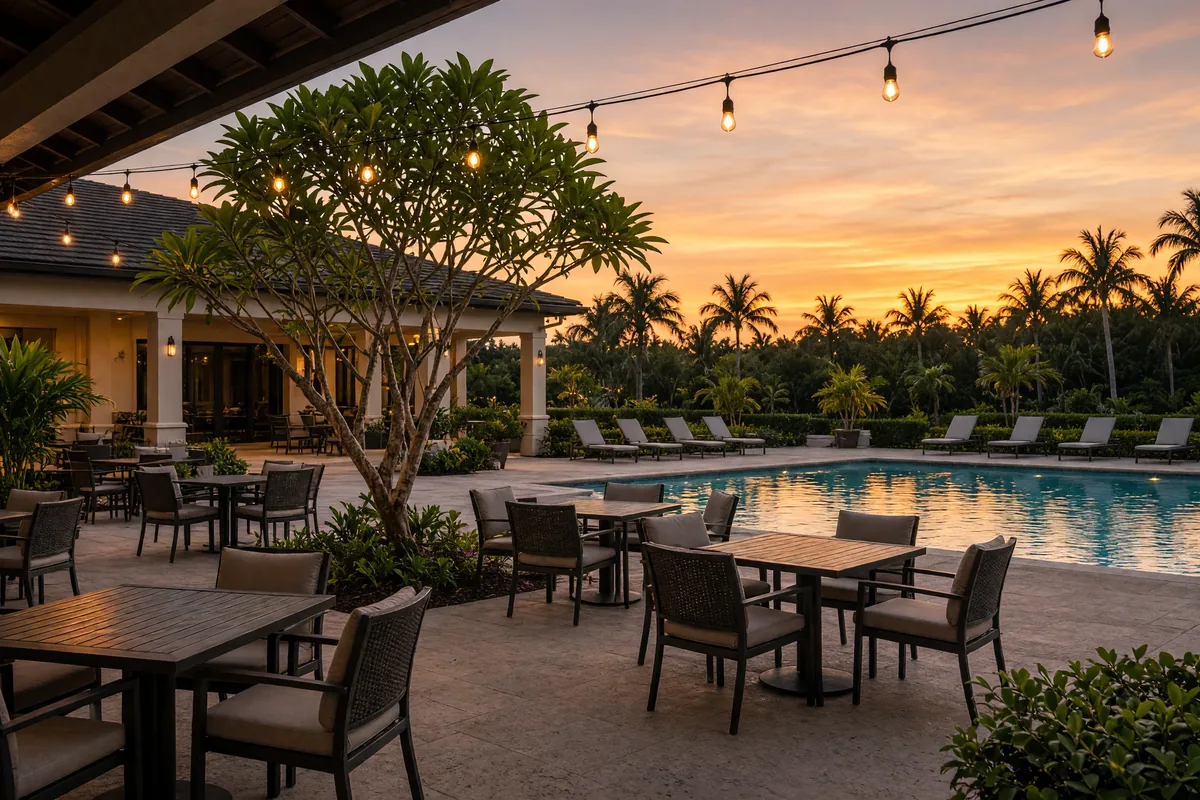 Empty clubhouse patio at sunset with string lights, tables, a small tree, and a pool