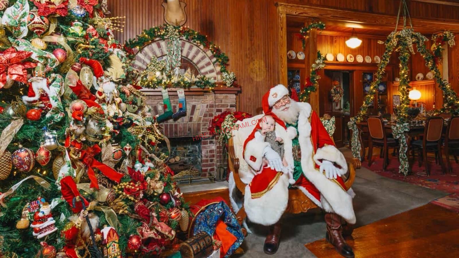 Santa Claus in Miami seated in a decorated Christmas chair by the fireplace