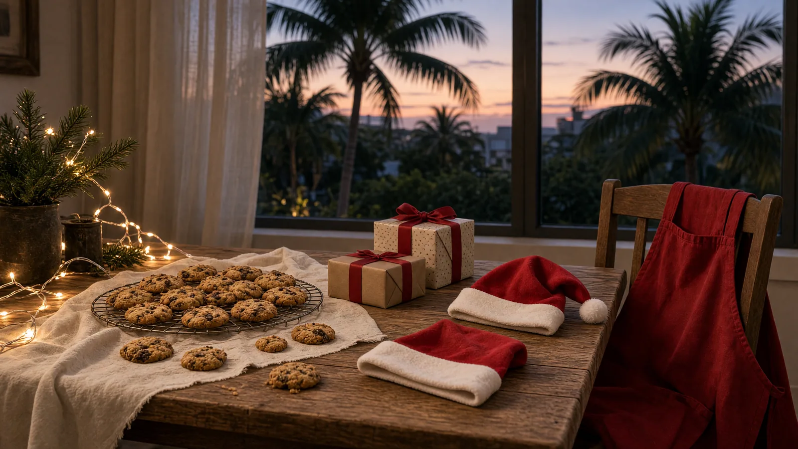 Cookies, wrapped gifts, red hats, and a red apron on a table with palms at dusk