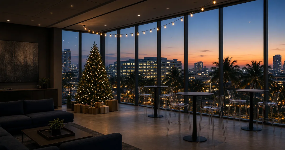 Empty Miami office lounge at dusk with a Christmas tree, gifts, and high-top tables by palm-lined windows