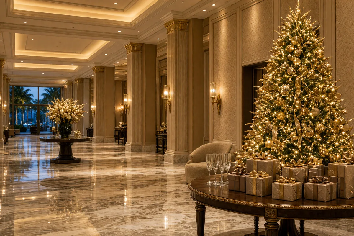 Empty hotel foyer Christmas tree and gift table with unused glasses, no people