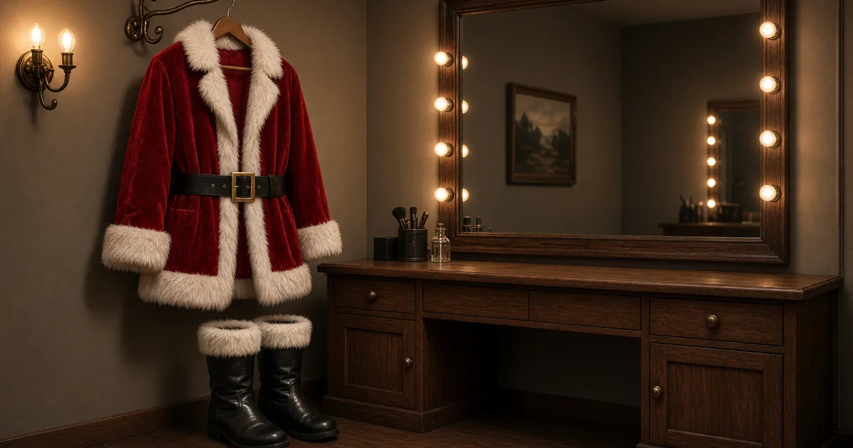 Red velvet Santa jacket on a hanger with belt and boots, empty dressing-room mirror