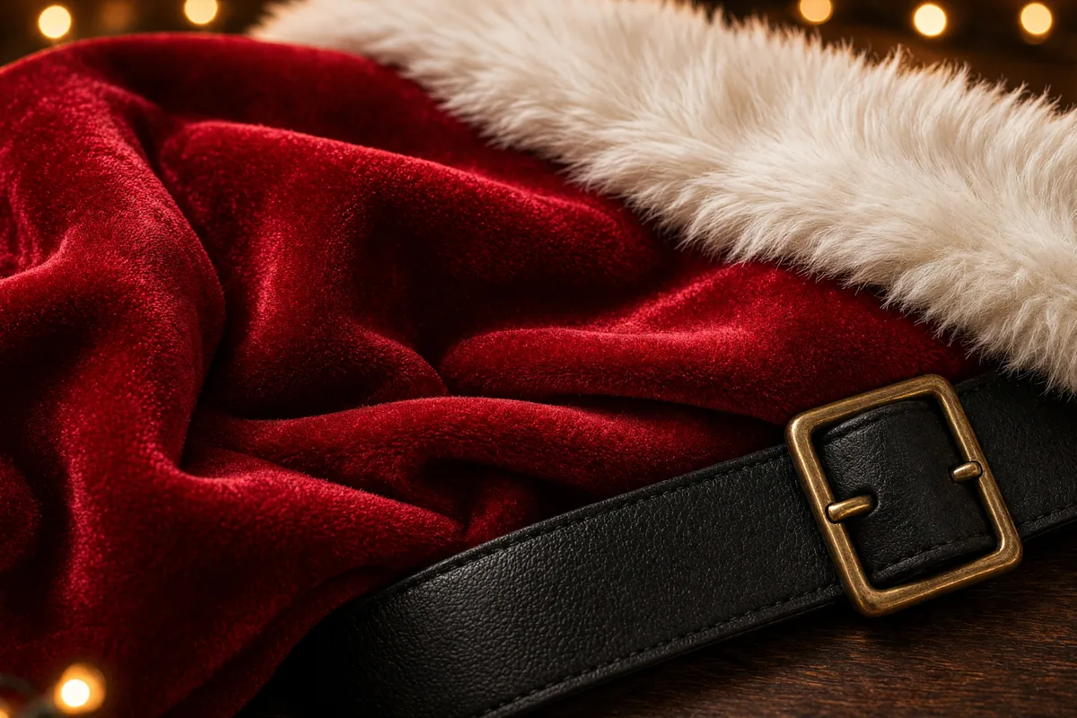 Close-up of red velvet, white fur trim, and a black belt on a table