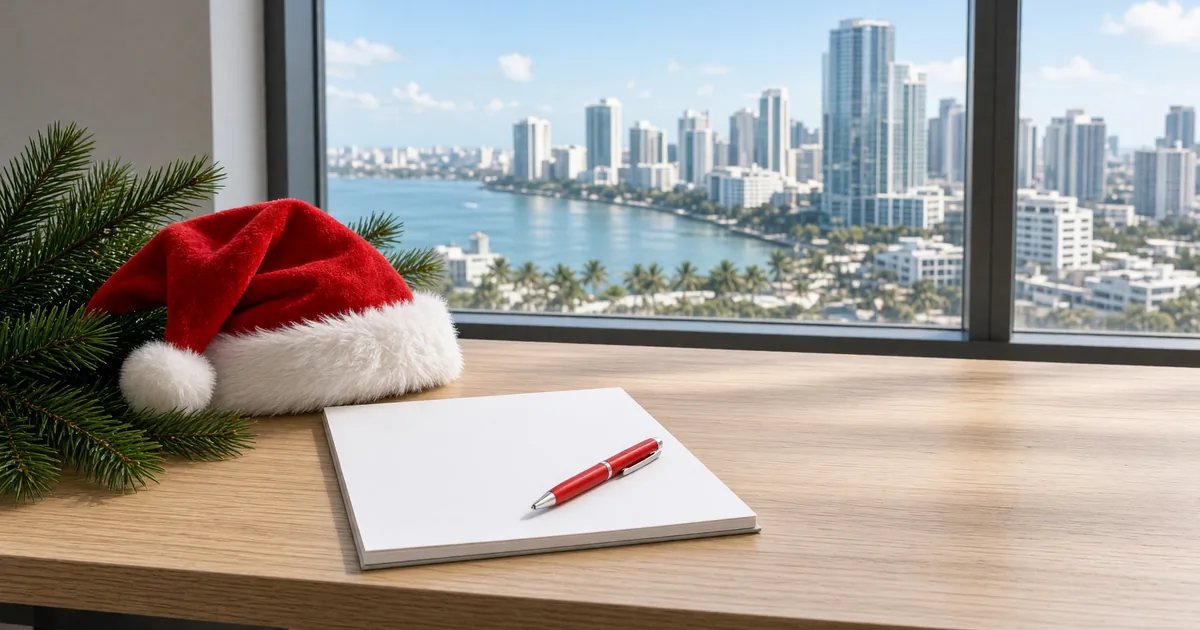 Blank notepad, red pen, and a Santa hat on a desk facing a Miami high-rise window