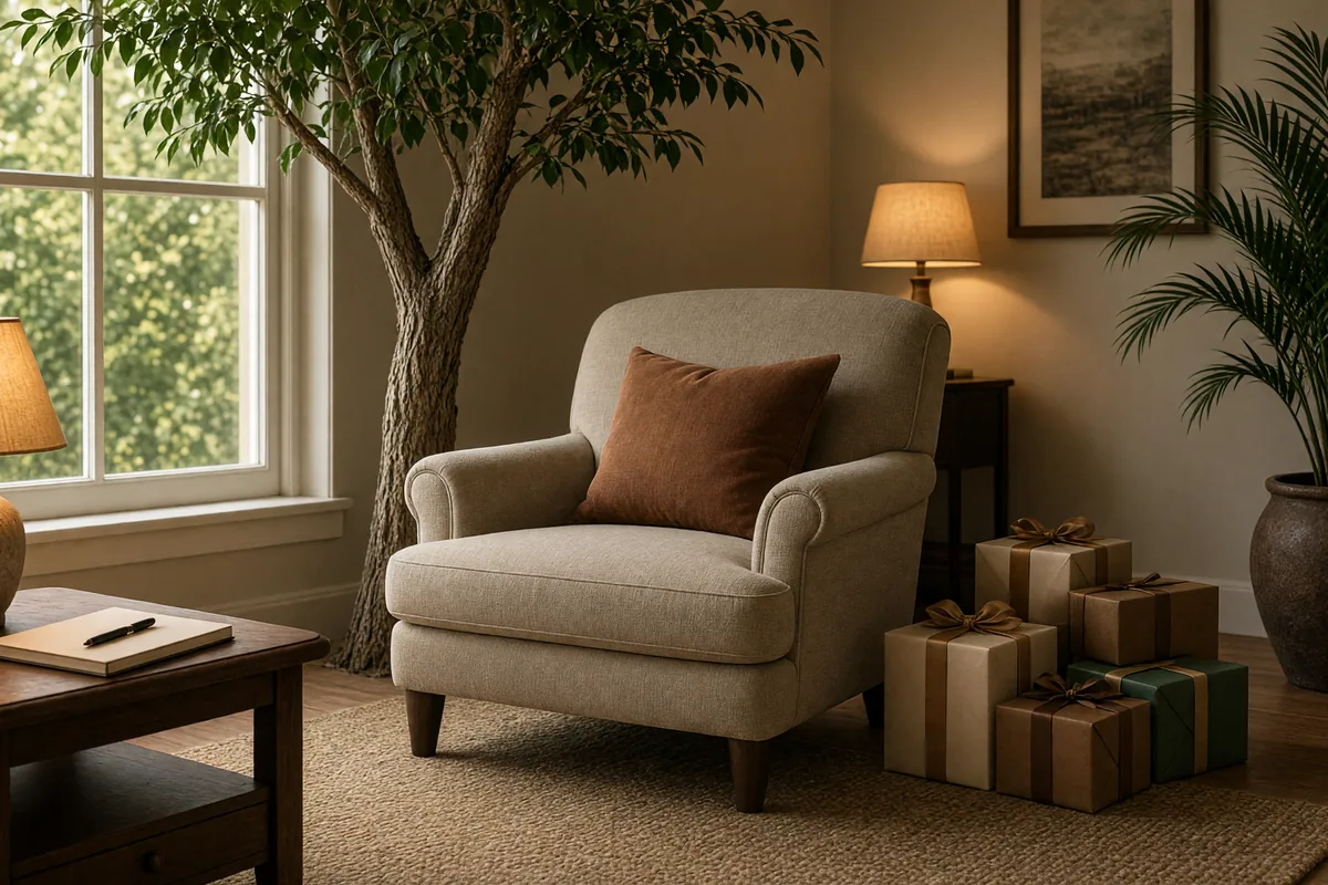 Empty living-room chair by a Christmas tree with wrapped gifts and a notepad