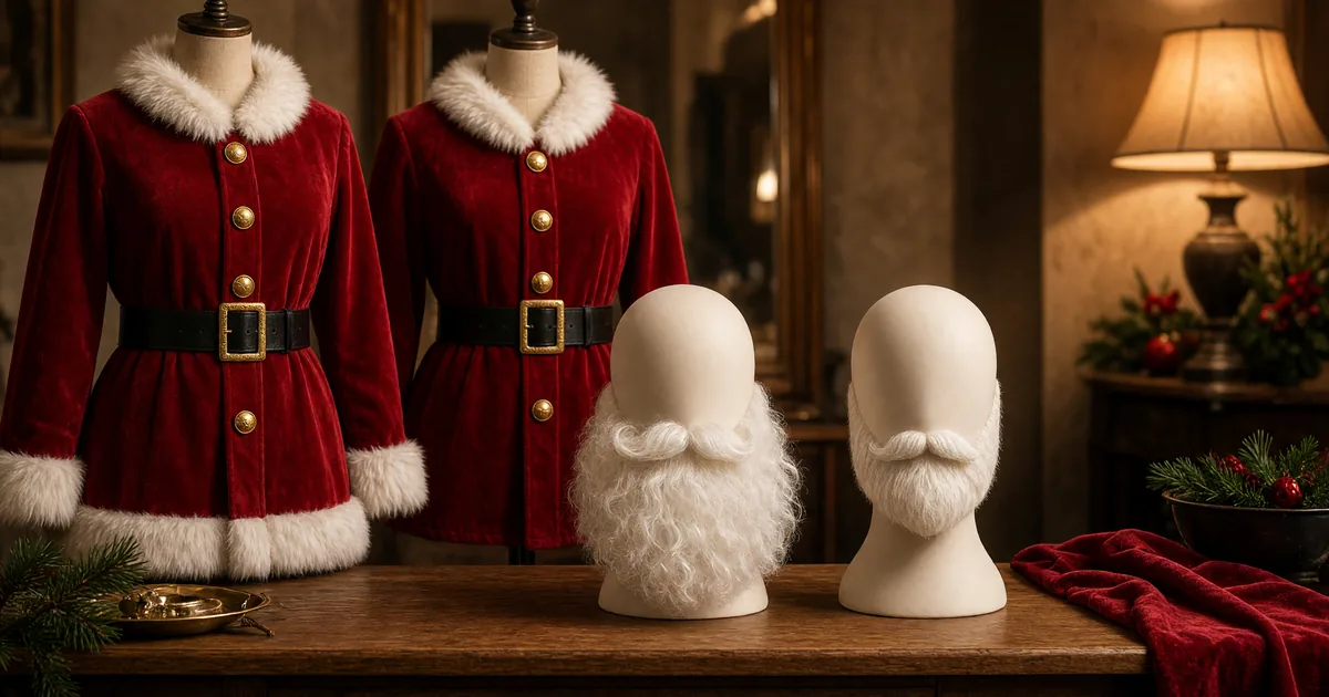 Two red Santa jackets on dress forms and two featureless mannequin heads with a full beard and a shorter styled beard