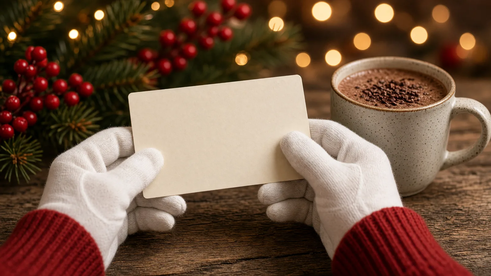 White-gloved hands holding a blank card beside a mug of cocoa