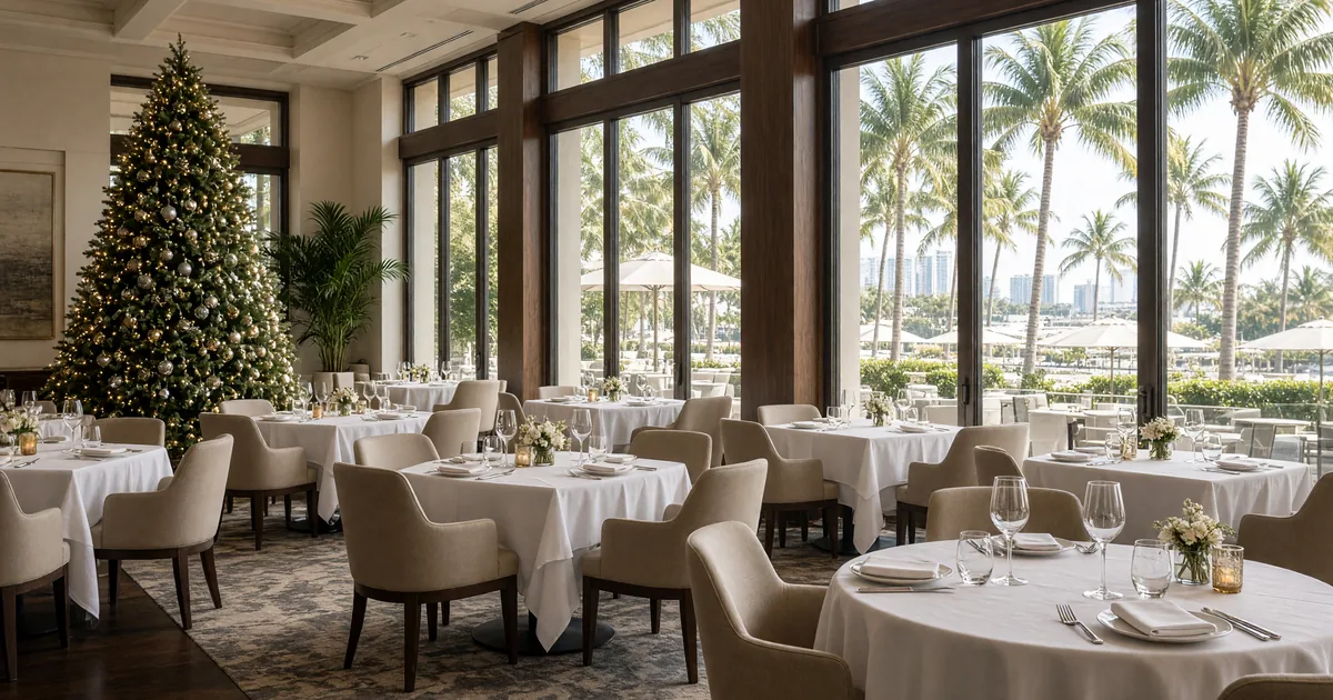 Empty Miami restaurant dining room set for brunch with a Christmas tree and palms outside
