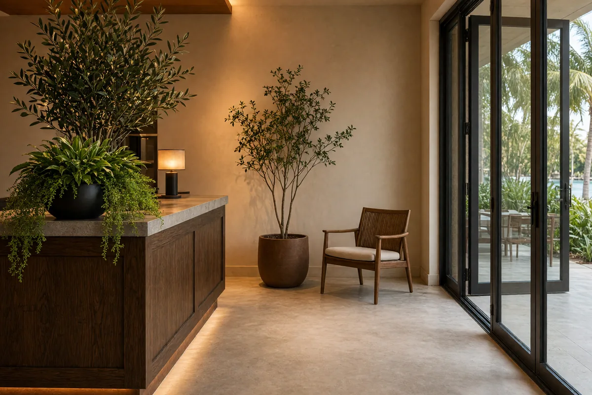 Empty restaurant host stand with greenery and a vacant wooden chair by a small tree