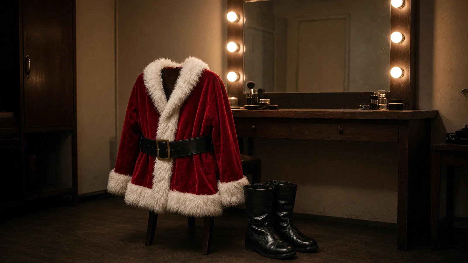 Red velvet Santa coat and black boots on a chair in an empty dressing room