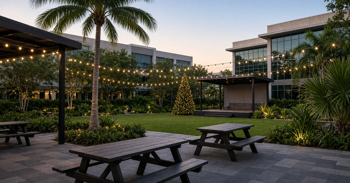 Empty South Florida office courtyard with picnic tables, a small stage, and a Christmas tree