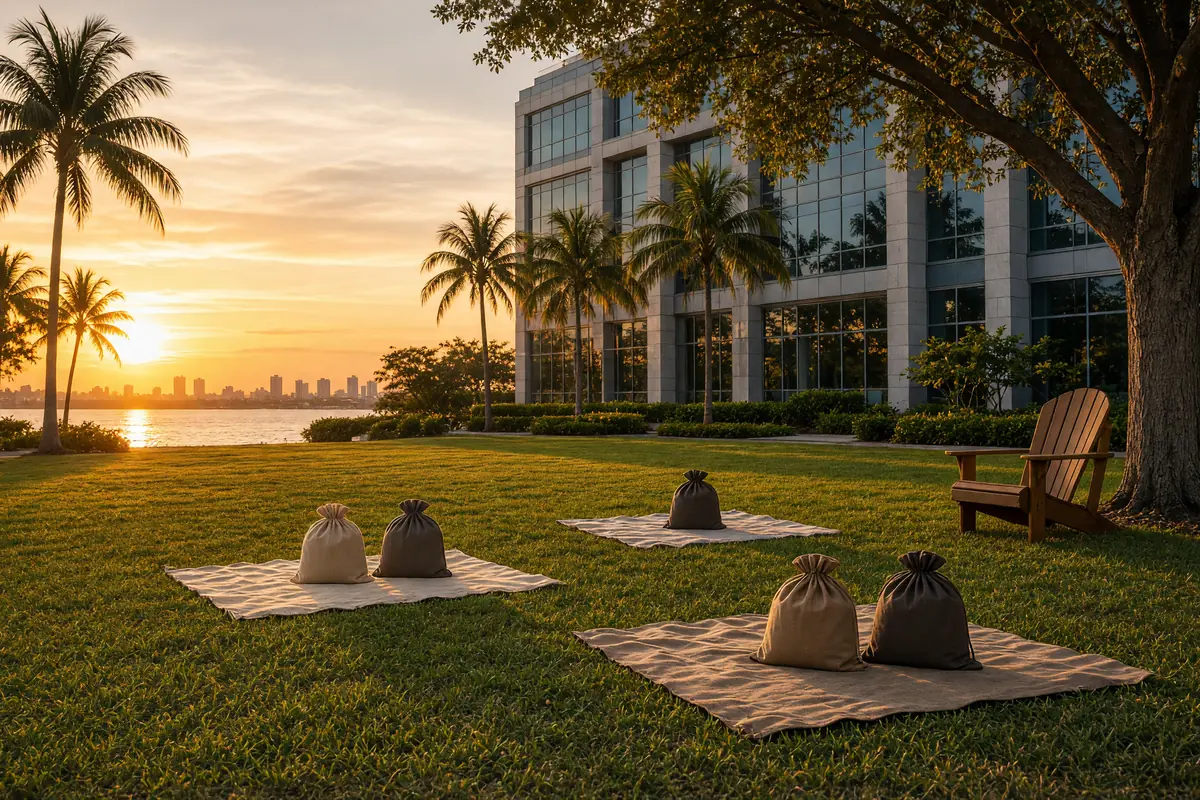 Empty lawn beside a Miami office with blankets, gift sacks, and a vacant chair by a tree