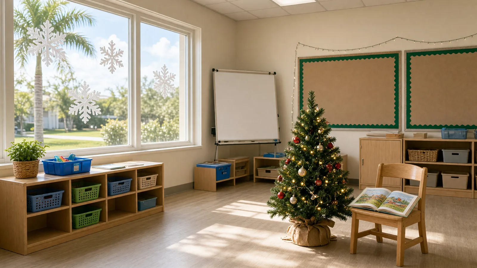 Empty classroom with snowflake window decals, a small tree, and a storybook on a chair