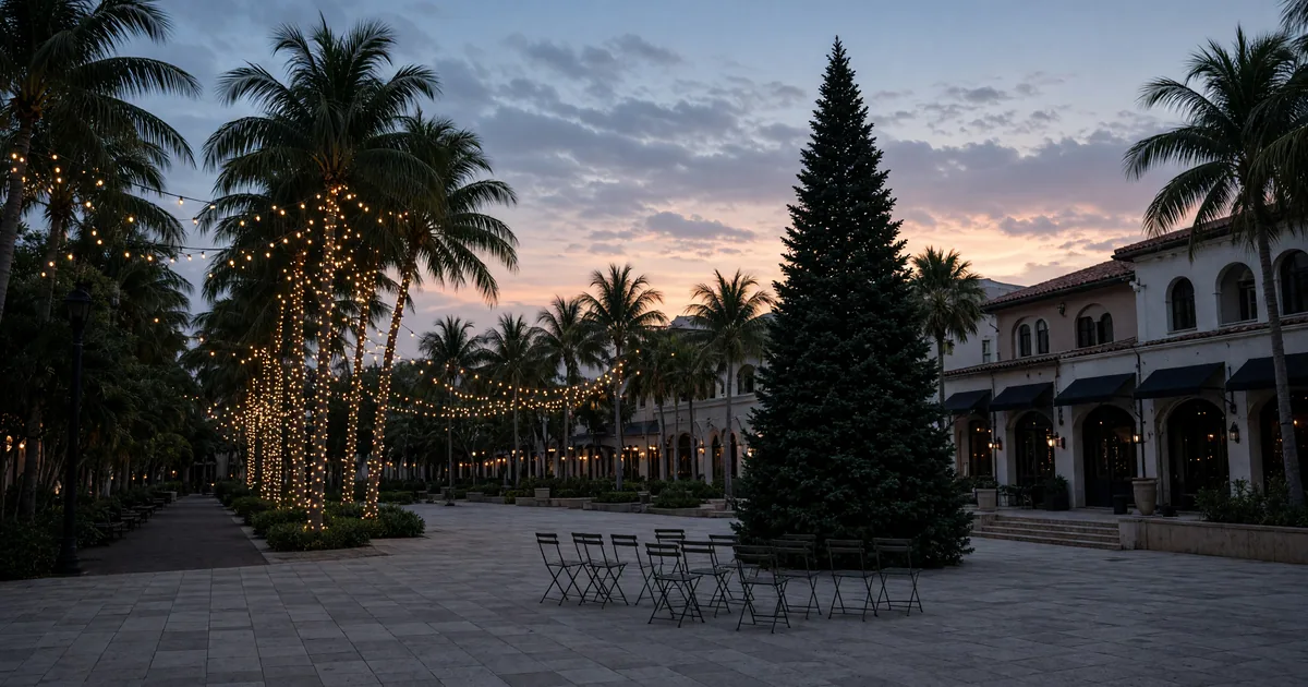 Empty Miami plaza at dusk with an unlit Christmas tree, palms, and folding chairs