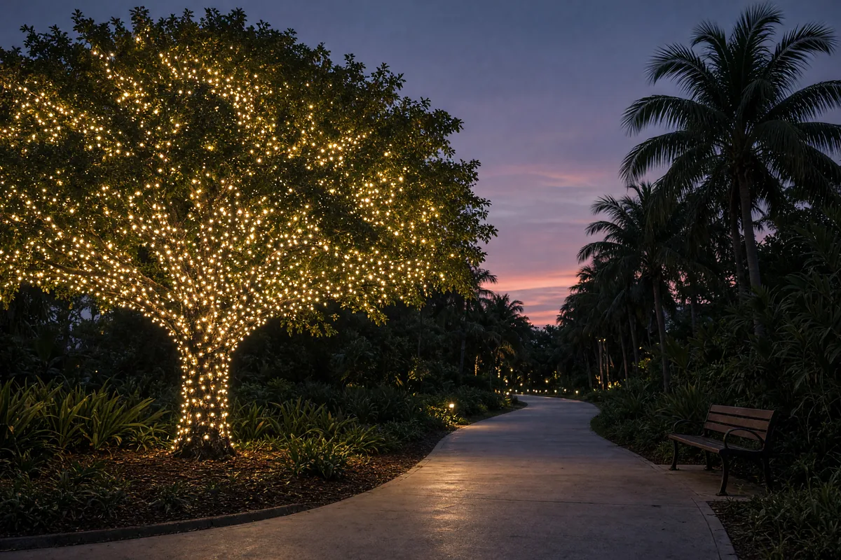 Empty park path with a glowing Christmas tree, a bench, and palms at dusk