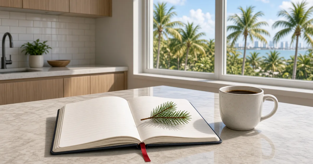 Blank planner with a red ribbon, pine, and coffee on a Miami kitchen table