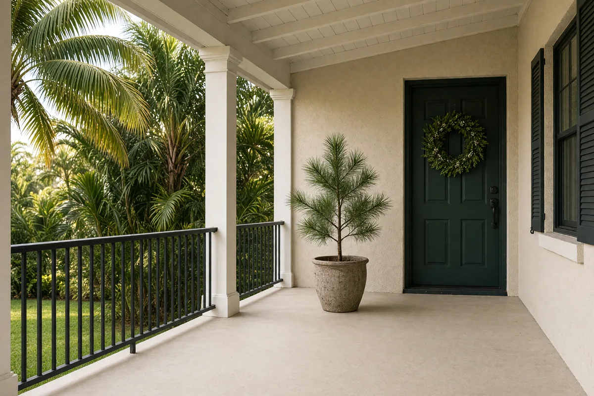 Empty South Florida porch in morning light with a small potted pine and a wreath on the door