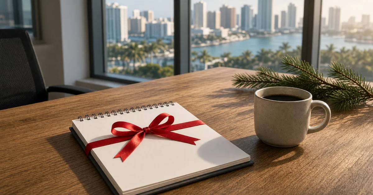 Blank notebook with a red ribbon and coffee on a Miami office desk facing the bay