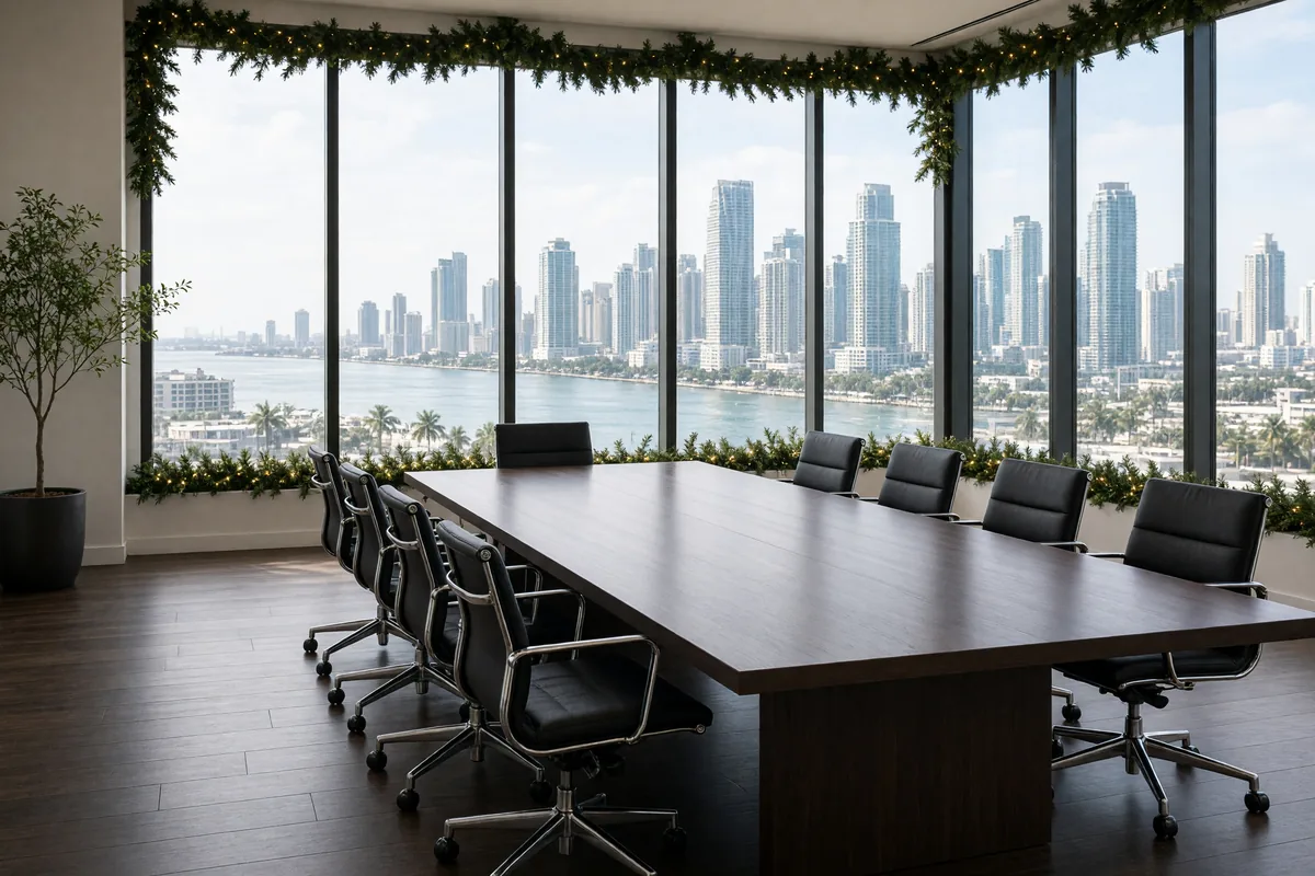 Empty glass conference room with a small Christmas tree and Miami skyline windows